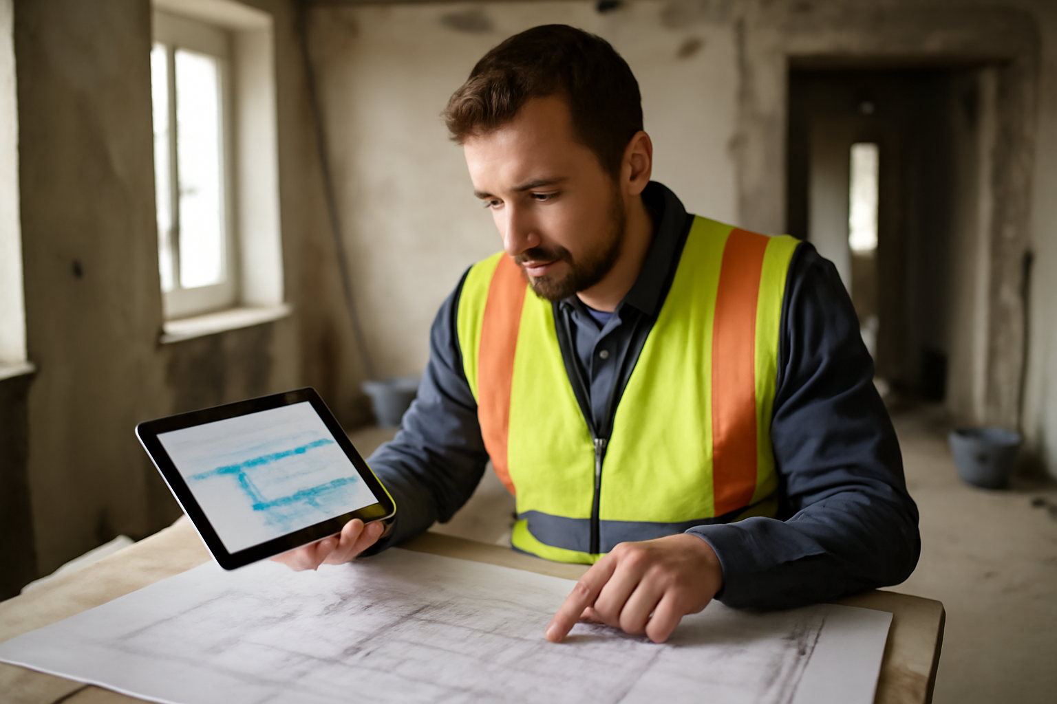 Conducteur de travaux consultant un planning et des plans sur tablette au pied d’un chantier