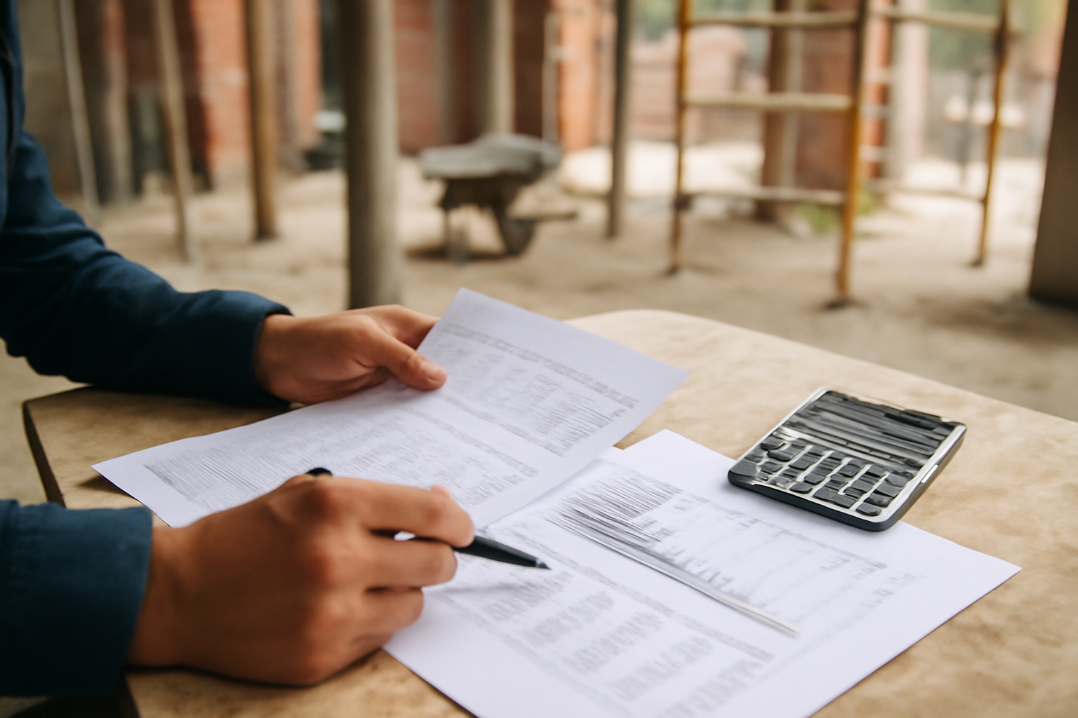 Réunion de chantier : estimation des coûts et planning sur documents