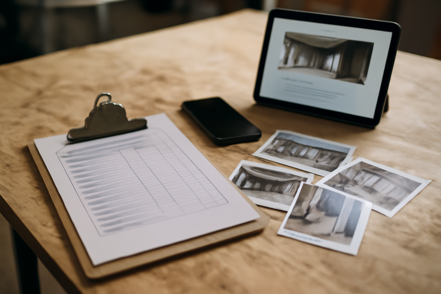 Checklist de réception et photos de chantier sur tablette posées sur une table