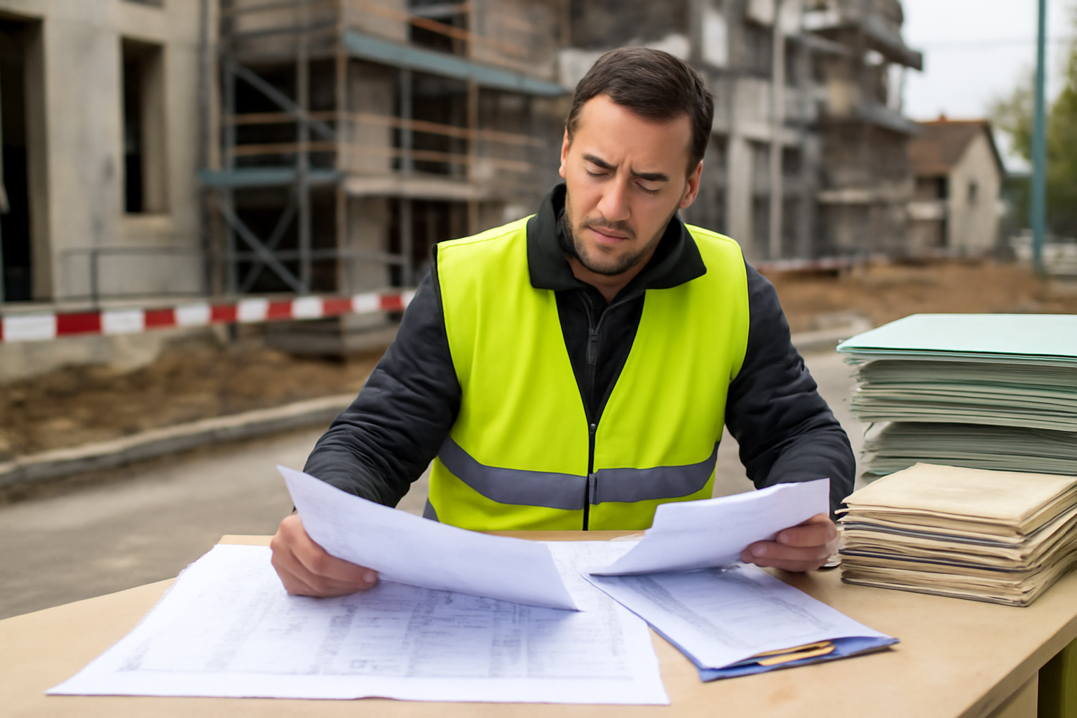 Chef de chantier avec un plan et une checklist de contrôle sur une table près d’un chantier de rénovation, lumière naturelle, ambiance réaliste