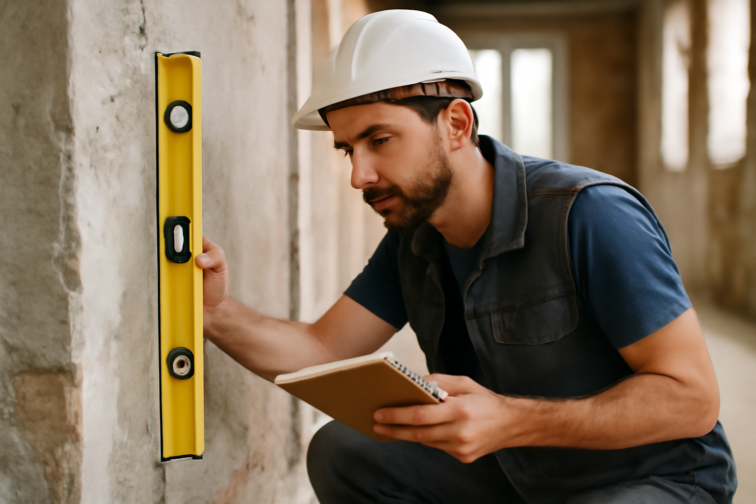 Réception de chantier : personne vérifiant un niveau à bulle et une ligne de référence sur un mur en rénovation