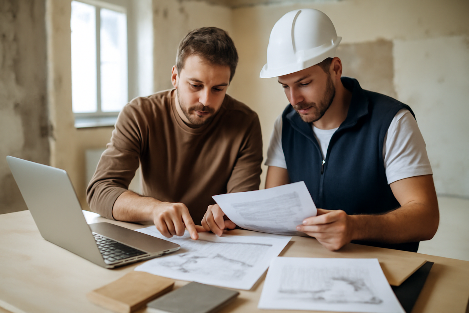 Réunion sur chantier : échange entre un propriétaire et un professionnel autour d’un devis annoté et d’un planning