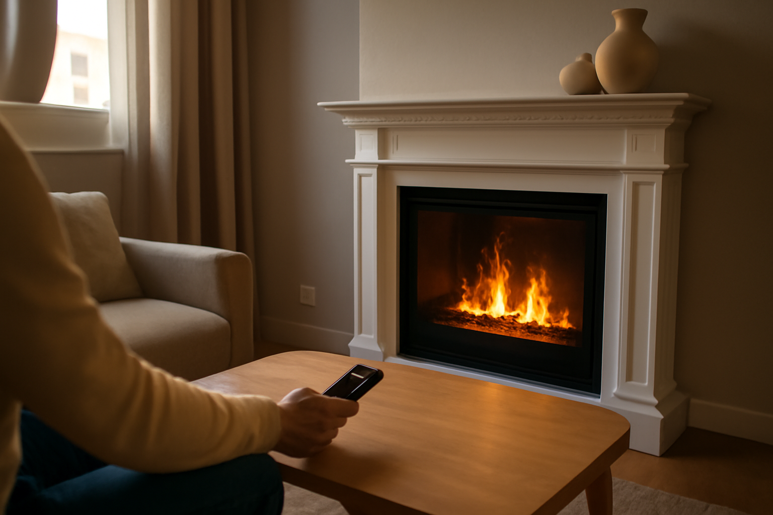 cheminée électrique avec flammes réalistes dans un salon, vue de face