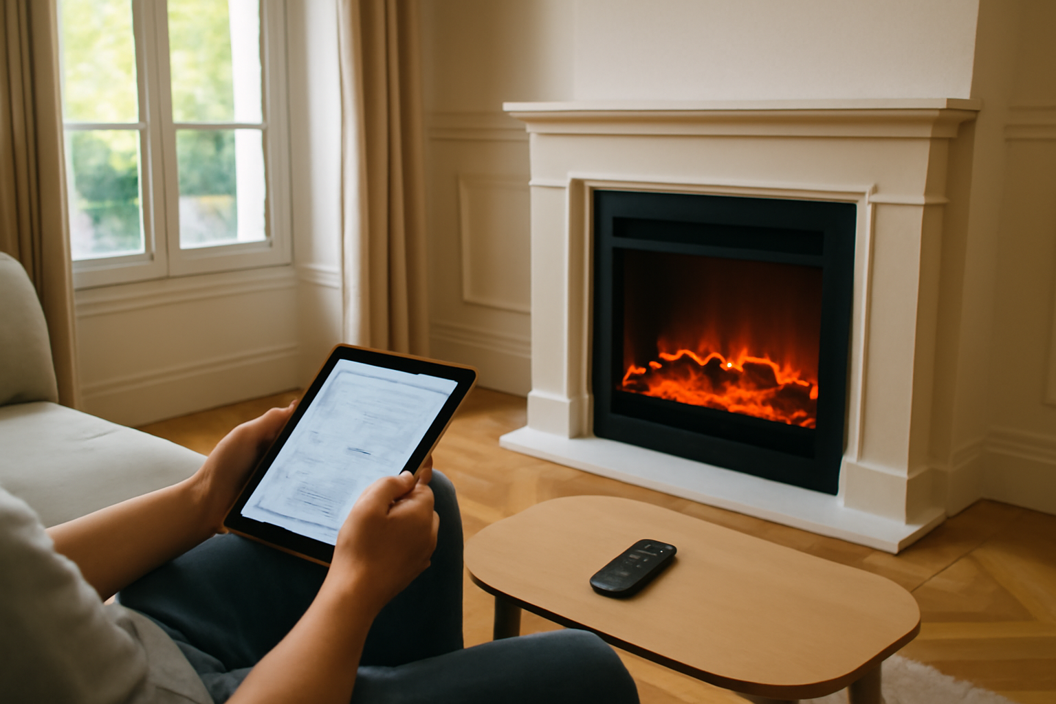 cheminée électrique à effet LED avec télécommande sur table, salon lumineux