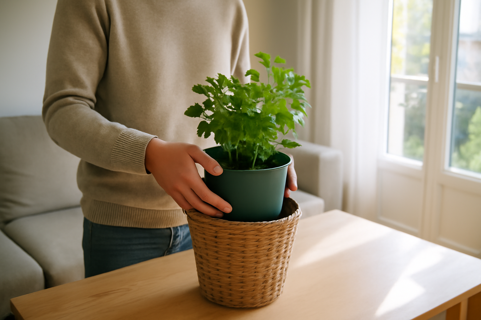cache pot en osier tressé posé sur une table près d’une fenêtre, avec un pot de plante intérieur visible