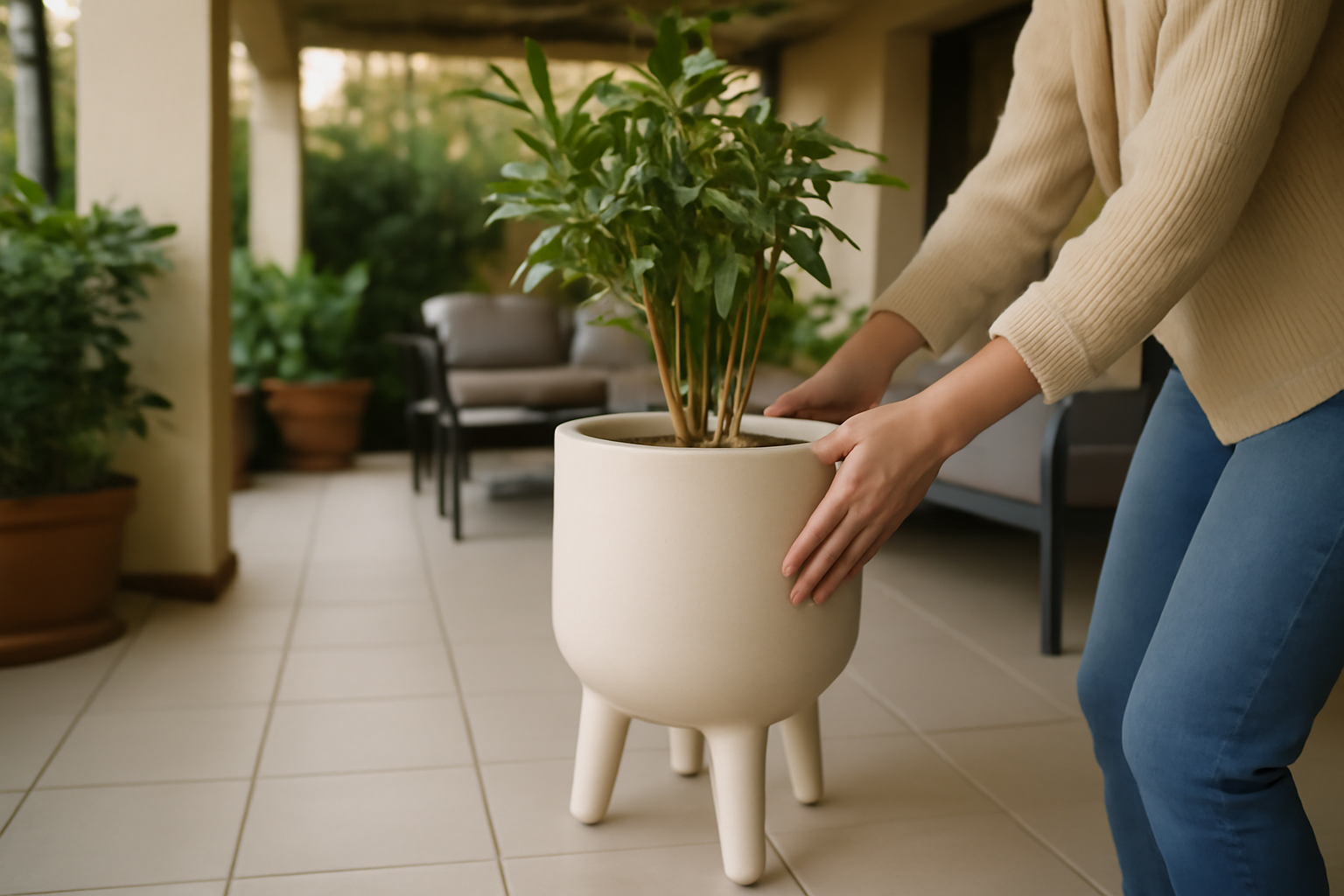 cache pot sur pieds en céramique stable avec plante en pot, sur une terrasse abritée