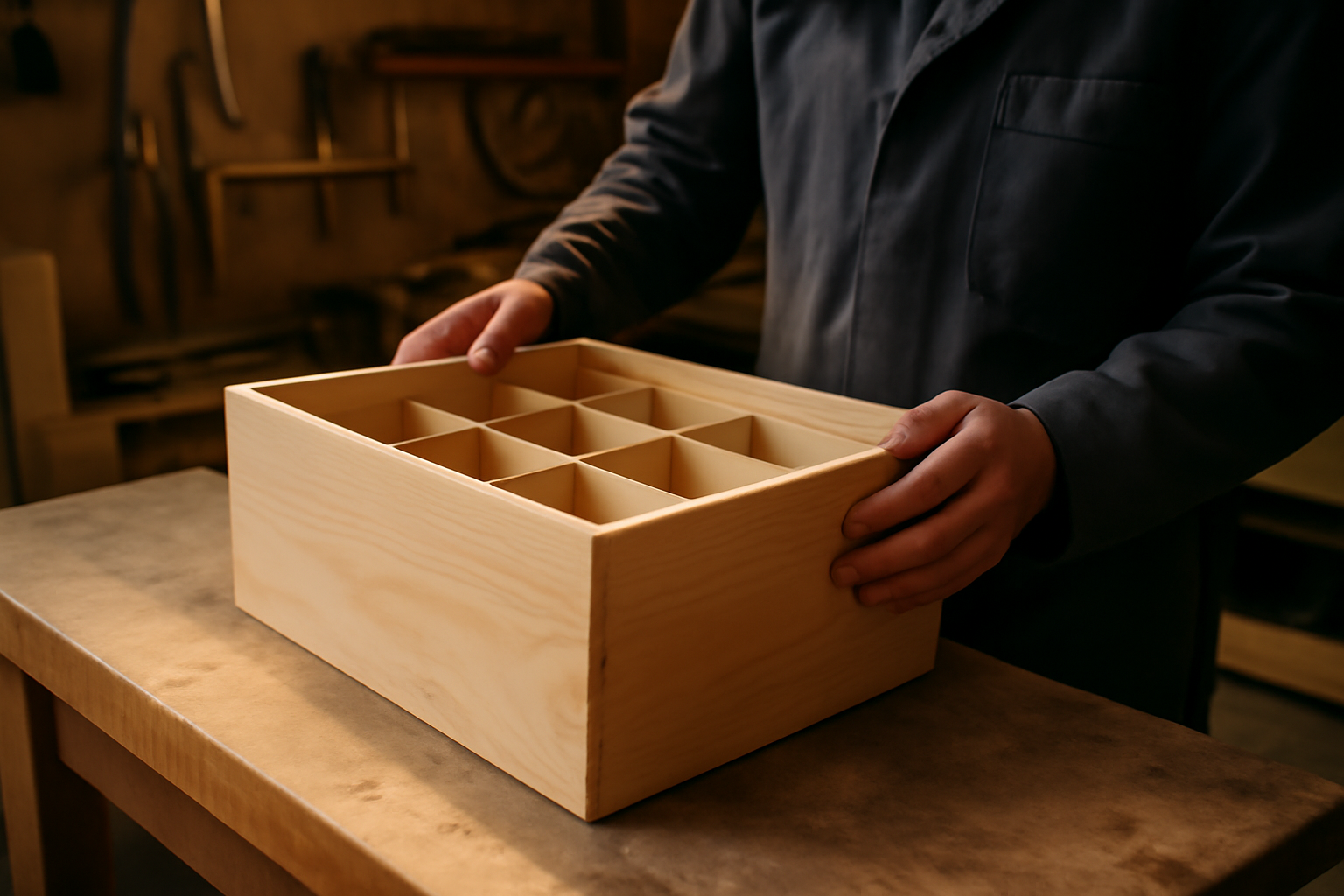 caisse bois vin pour 6 bouteilles en bois naturel, couvercle et calage, atelier de menuiserie