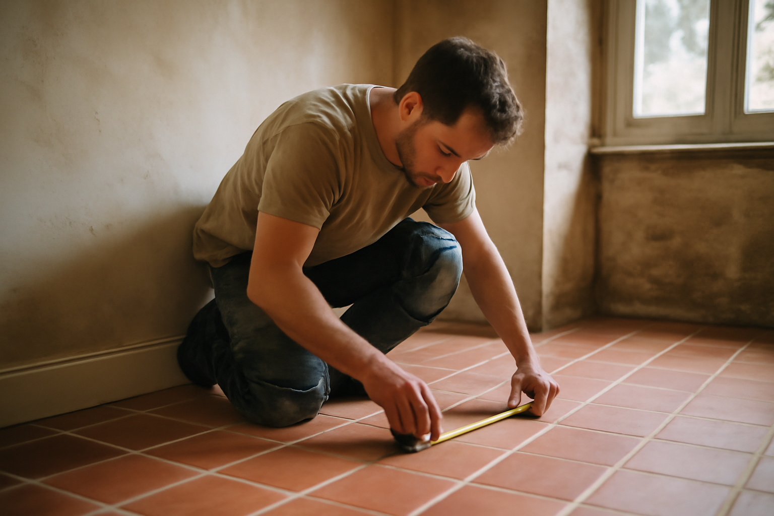 carrelage tomette esprit ancien sur sol intérieur, carreaux mats terre cuite et joints clairs, lumière naturelle