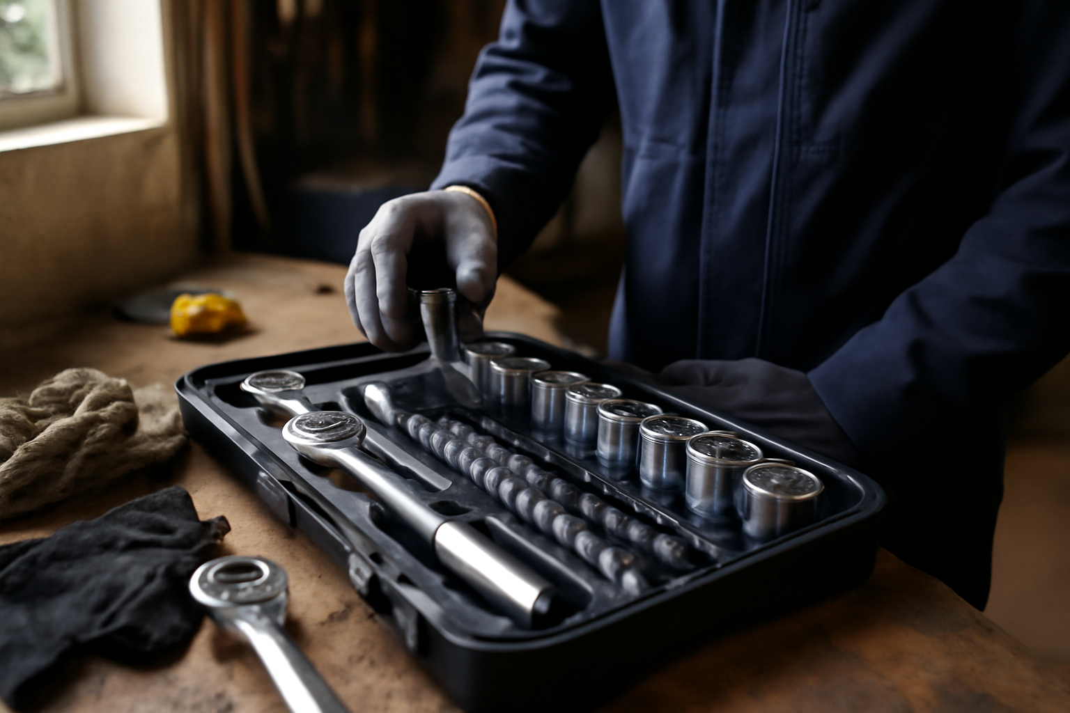 Coffret chrome vanadium en acier traité, douilles et cliquet rangés dans une mallette aluminium, atelier lumineux