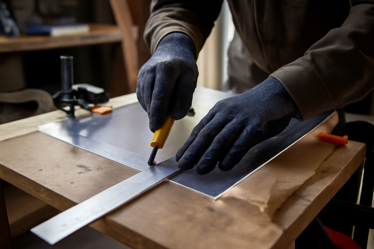 Coupe de plexiglas en atelier : règle, cutter à lame neuve et plaque stabilisée