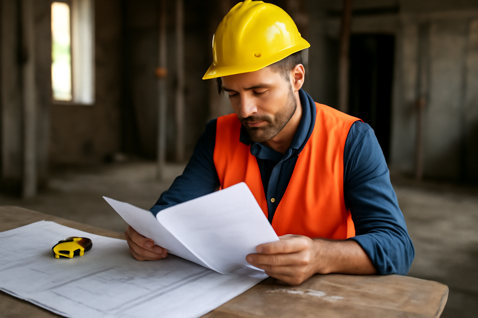 Consultation de devis BTP sur une table de chantier, avec plans, mètre ruban et notes de contrôle