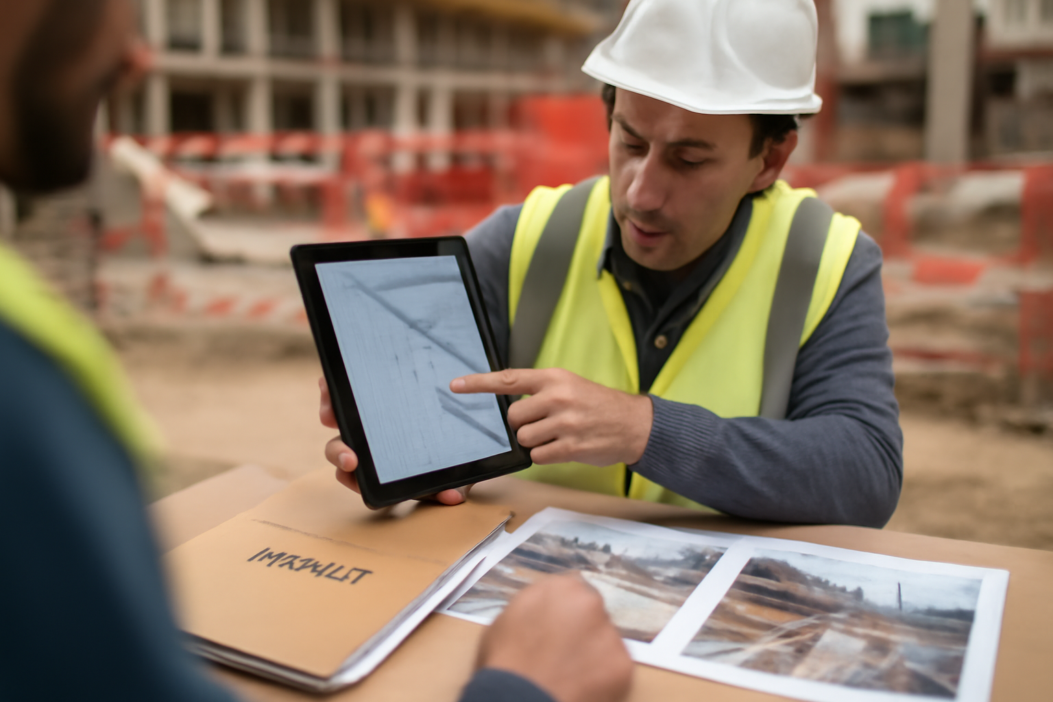 Réunion de chantier avec conducteur de travaux, photos, planning et budget sur tablette