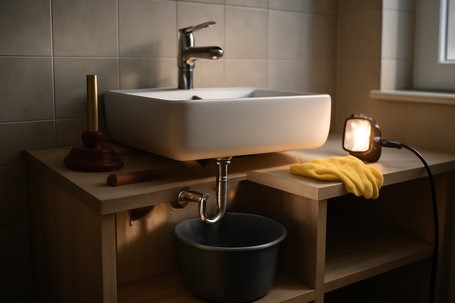 Déboucher lavabo : ventouse et siphon accessibles sous le meuble, scène photo réaliste