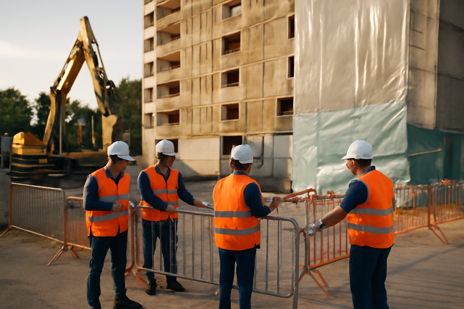 dsd démolition à Vitrolles : équipe de démolition sécurisant une zone urbaine avec balisage et protections contre les poussières