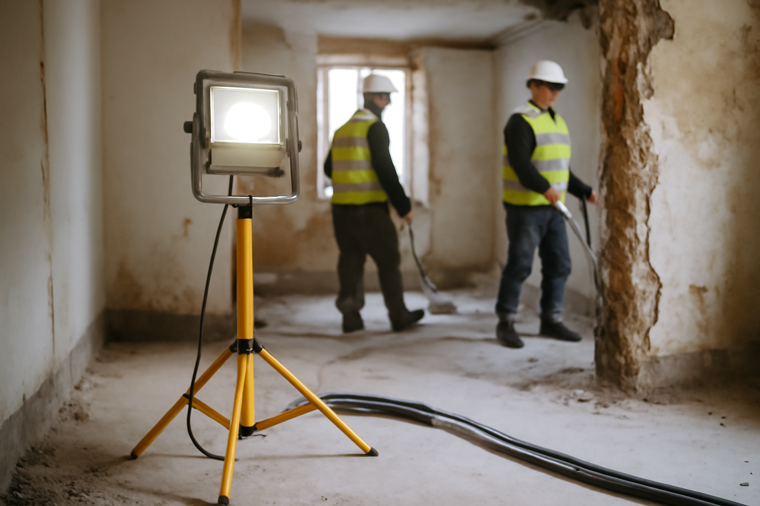 Éclairage de chantier : projecteur LED robuste sur trépied près d’un chantier de rénovation, câbles protégés et lumière blanche uniforme