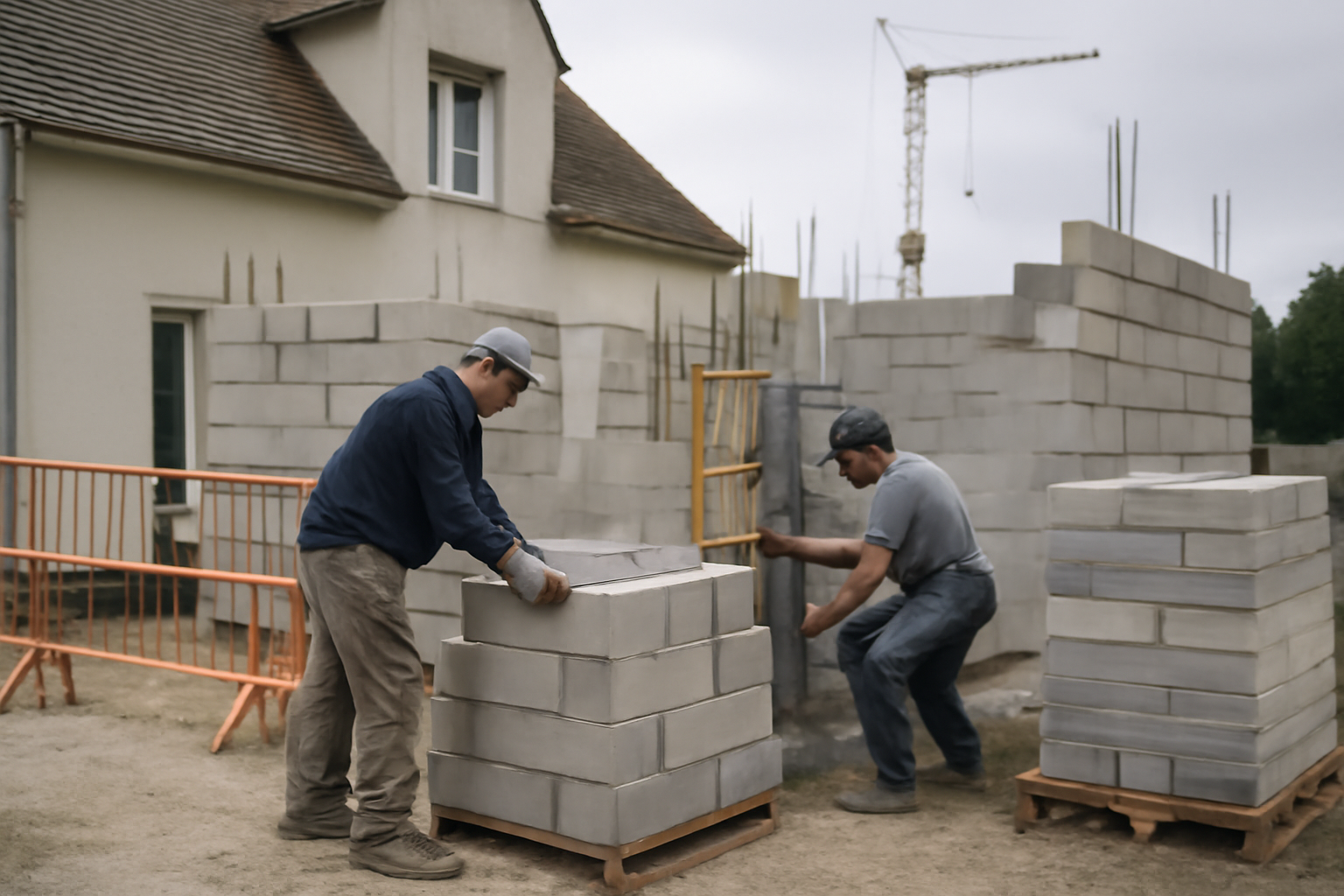 Chantier d’extension de maison : maçonnerie et coffrage en cours, accès sécurisé et zones de stockage