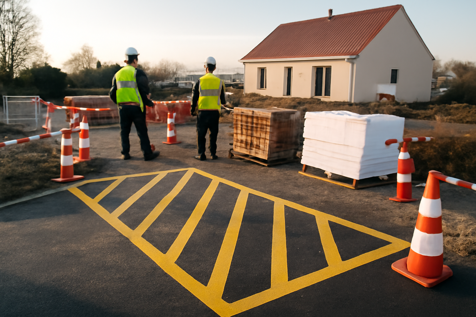 Préparation de chantier : balisage, accès véhicules, zone de stockage des matériaux pour une extension de maison