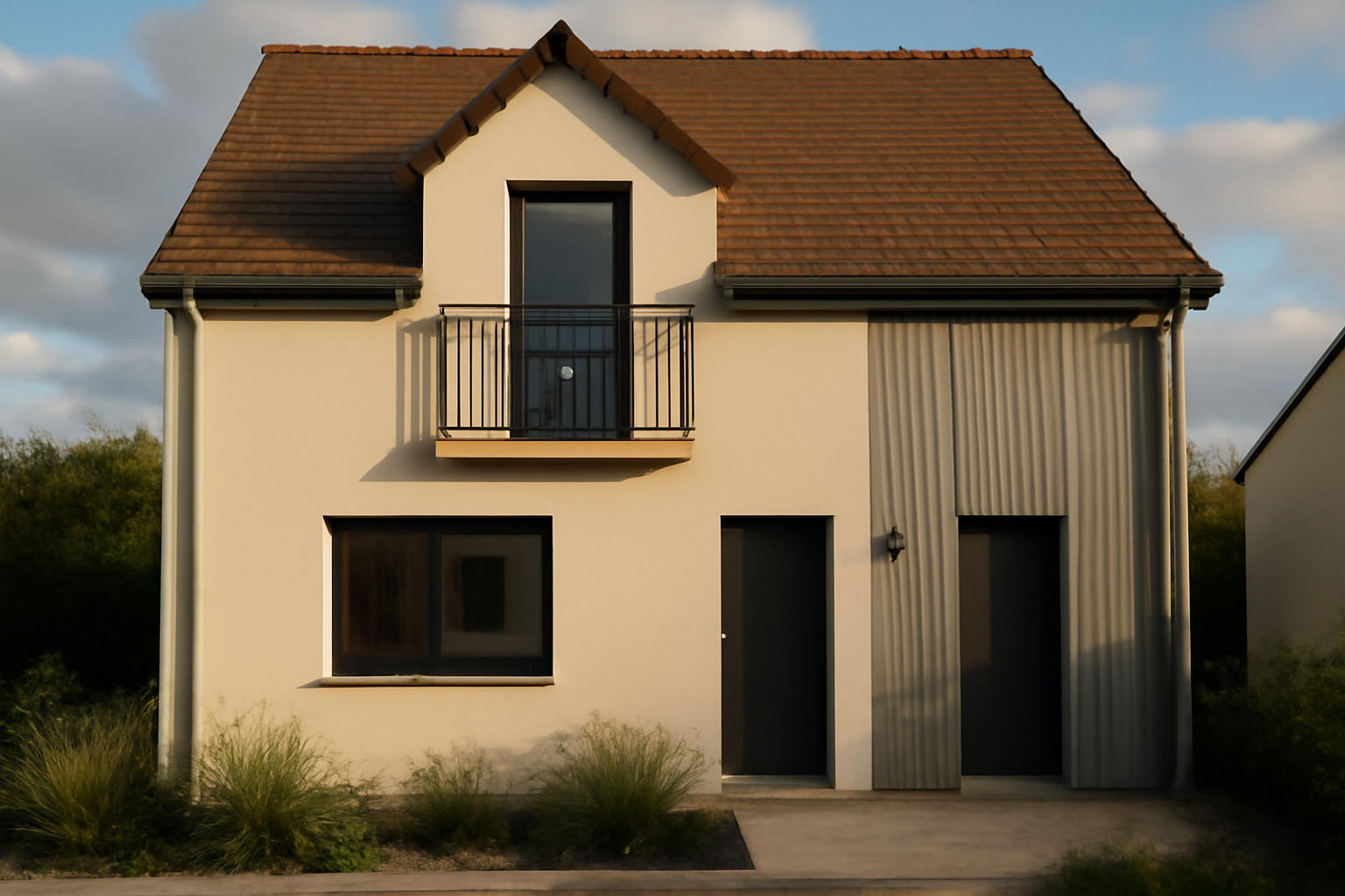 façade maison moderne avec enduit clair et bardage à lames verticales, finitions nettes