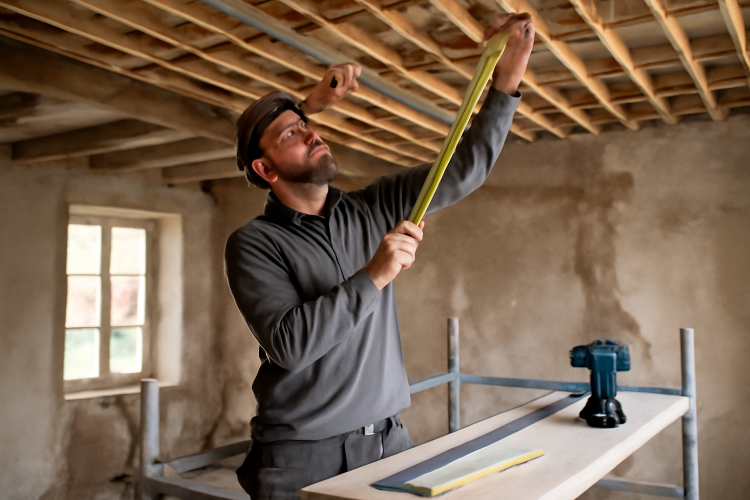 lattis posé au plafond, lattes jointives et fixation sur ossature, chantier en France