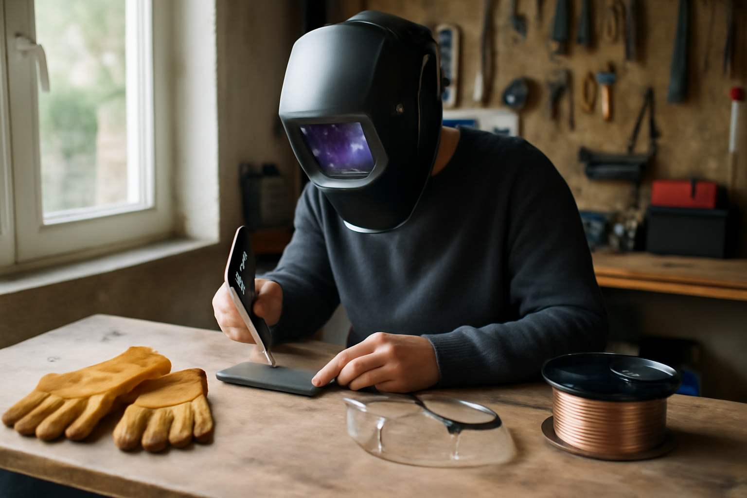Masque pour soudure automatique LCD sur établi de chantier, protections et gants à côté, lumière naturelle