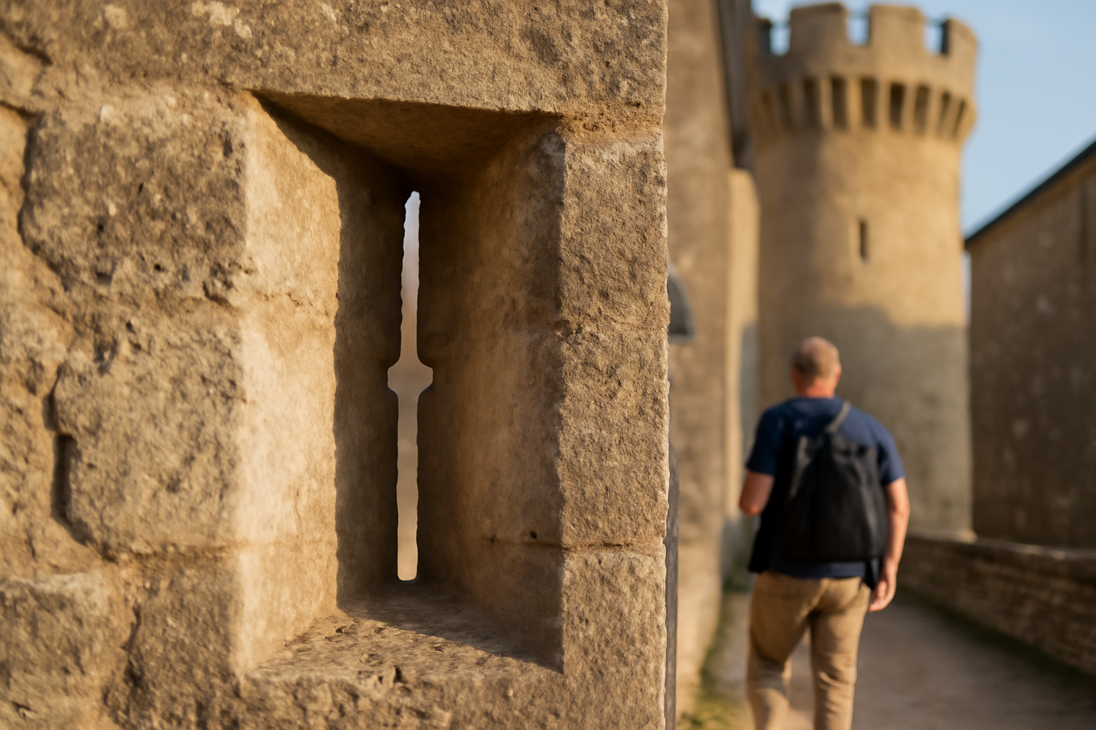 Meurtrière chateau médiéval : fente verticale ébrasée côté intérieur sur une tour de château