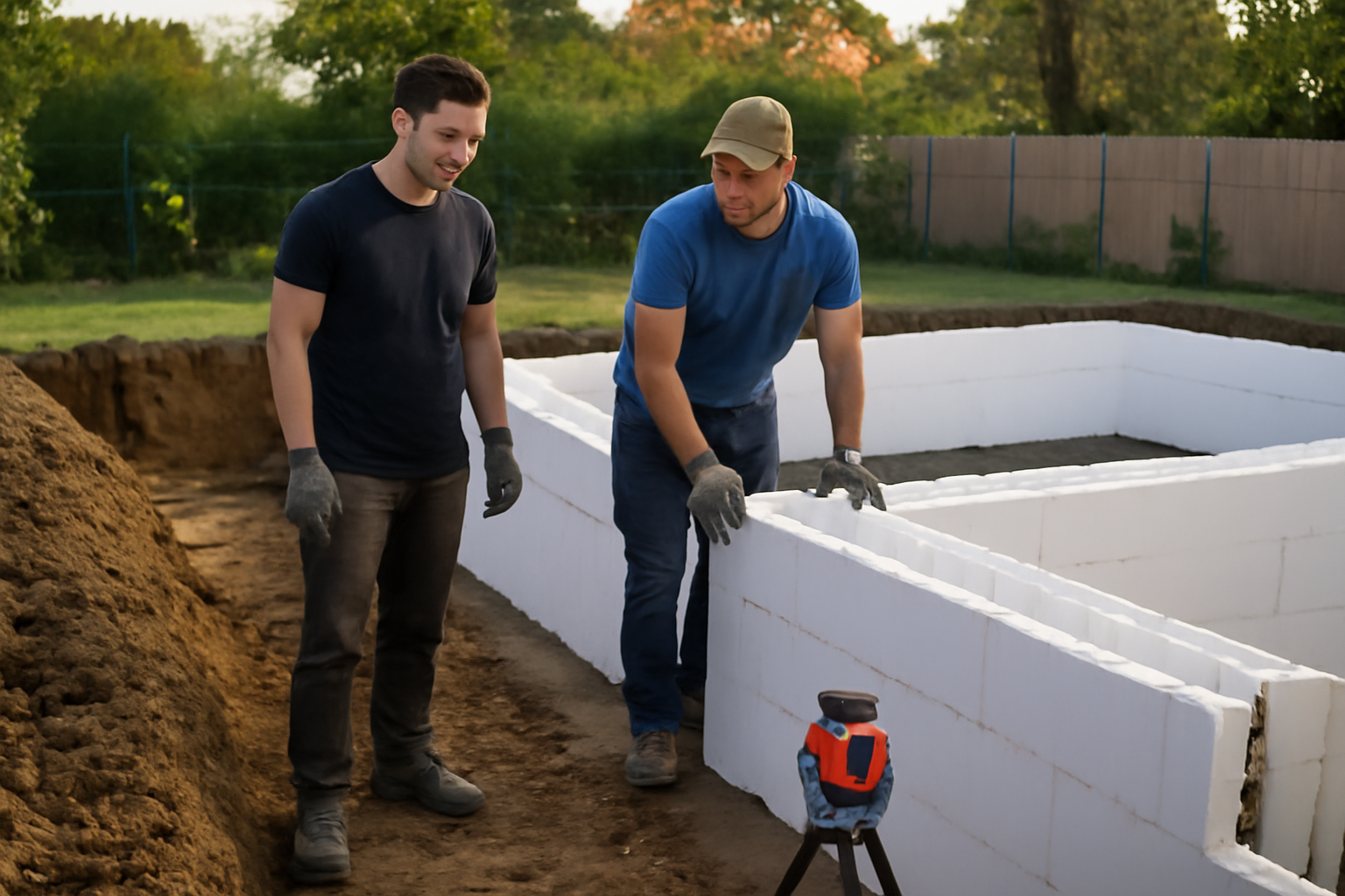 Piscine polystyrène en blocs : vue chantier avec coffrage en polystyrène et équipe en gants