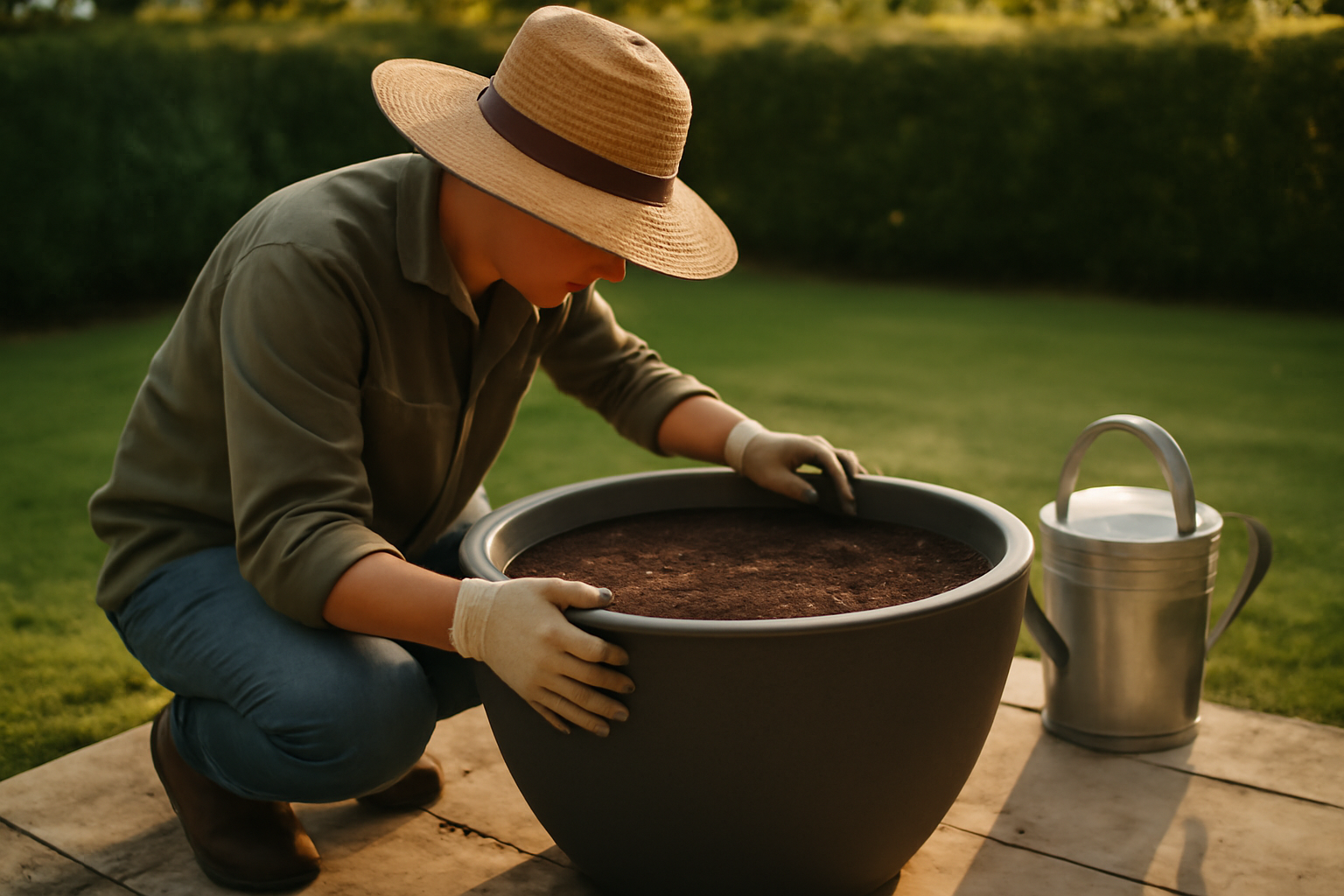Pot de fleur geant XXL en extérieur, grand pot rond avec substrat et végétation, lumière naturelle