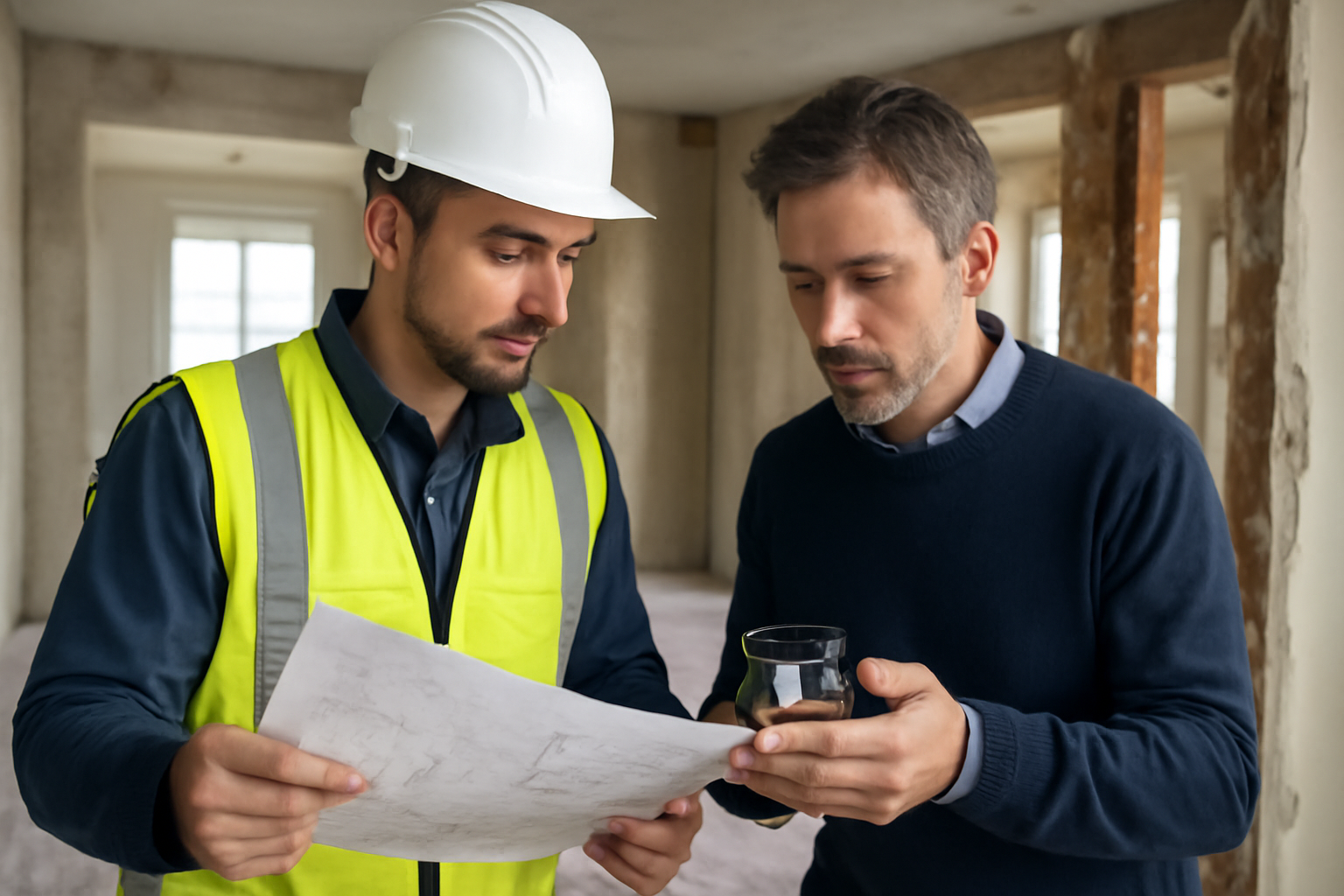 Chef de chantier et client qui consultent des plans de rénovation dans un appartement en cours de travaux