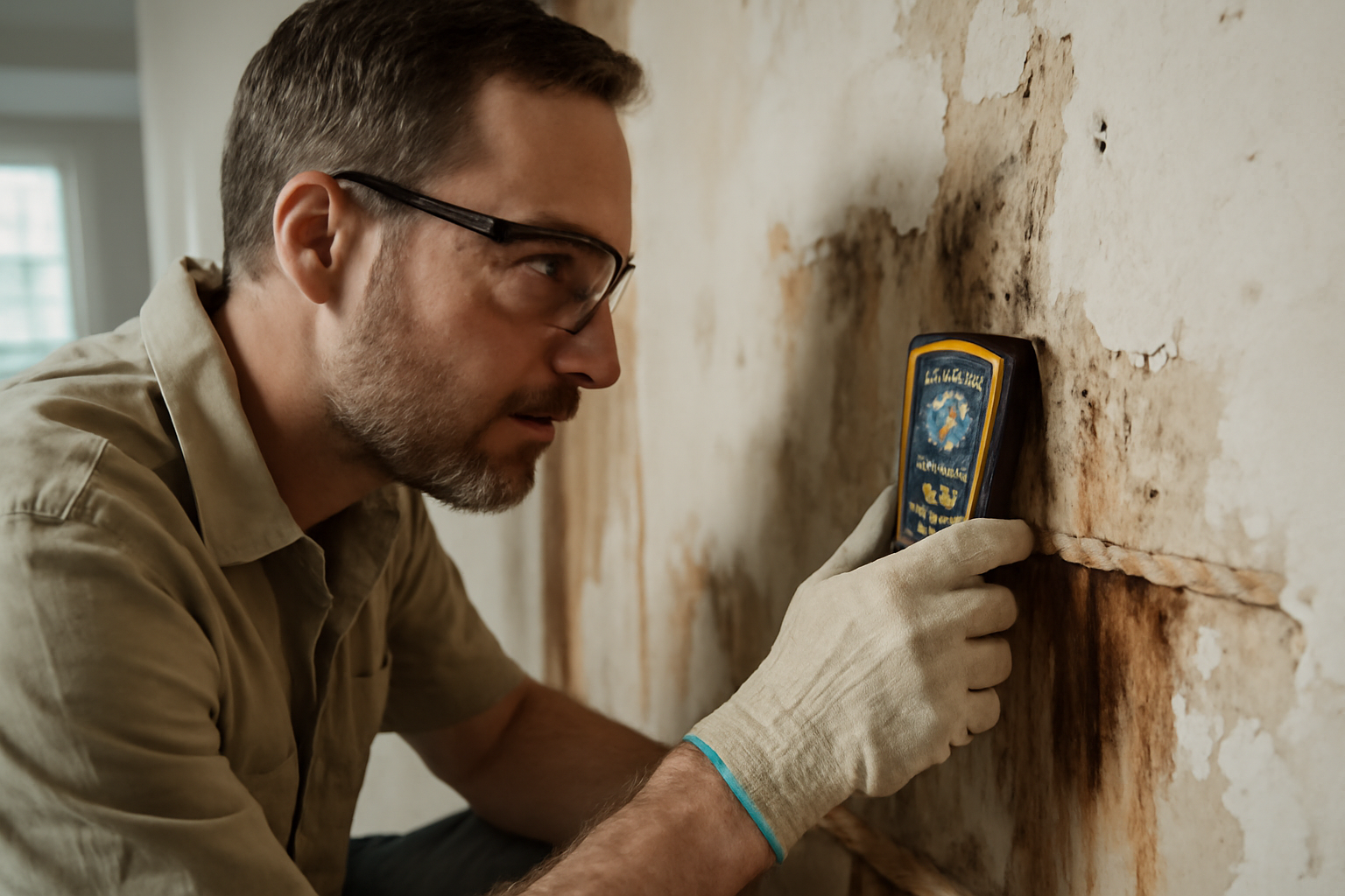 Contrôle d’humidité sur un mur avant travaux de rénovation dans un appartement