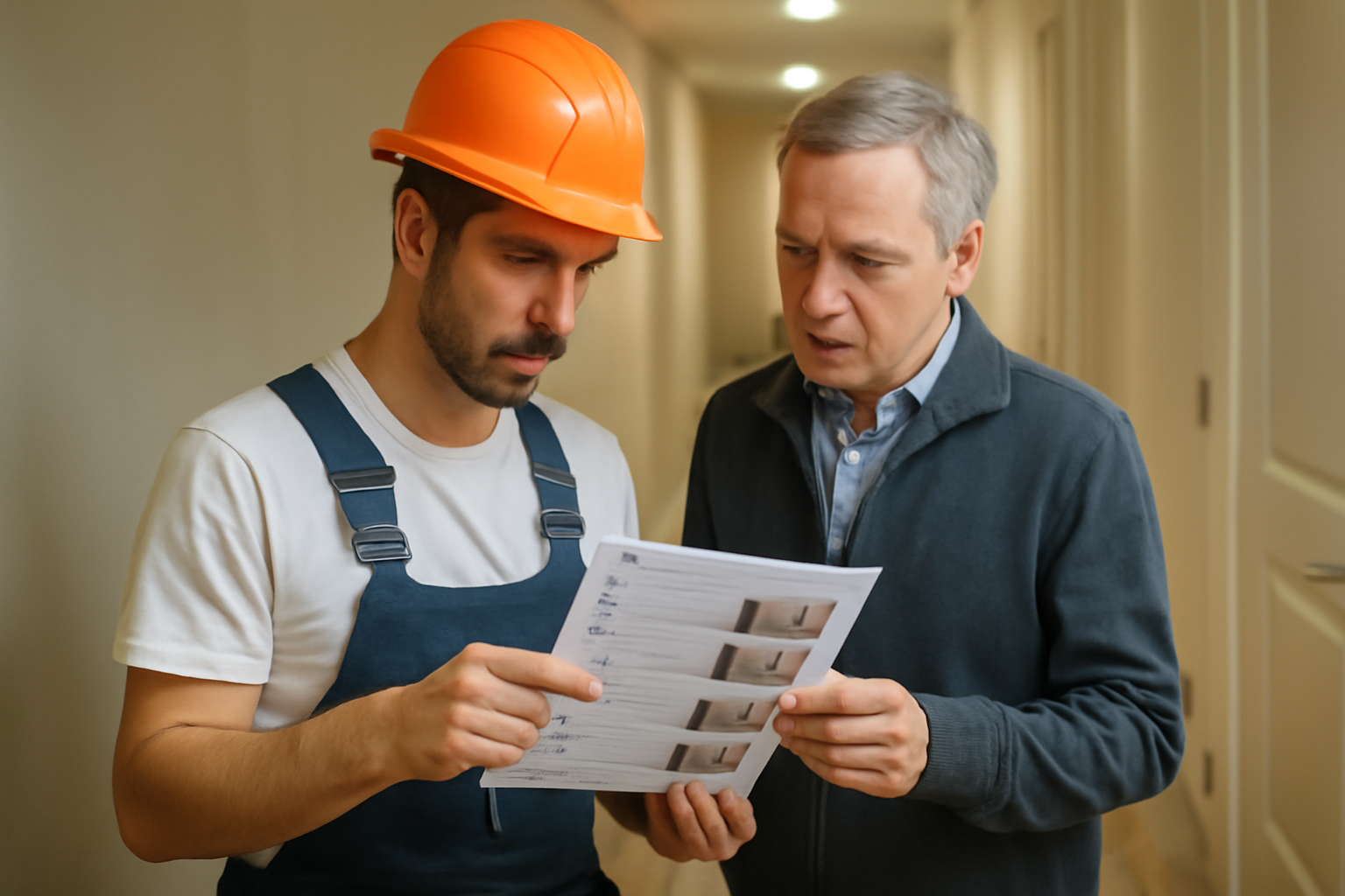 Réunion de chantier avec liste de contrôle et photos de réception de travaux dans un immeuble rénové