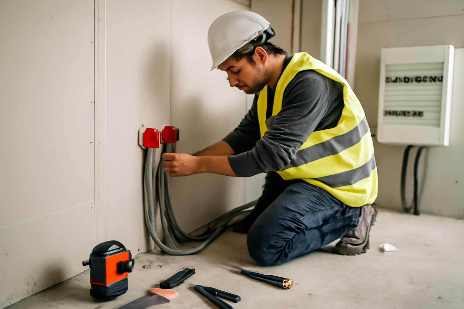 Chantier de second œuvre avec électricien installant des gaines et boîtiers encastrés dans un mur en plaque de plâtre