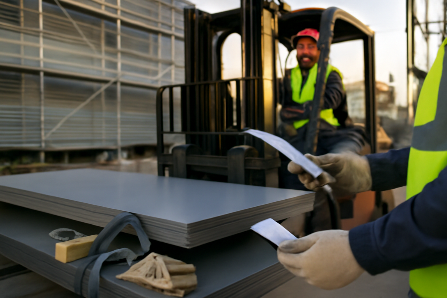 Tôle en acier sur mesure découpée sur un chantier, avec élingues et protections de bords