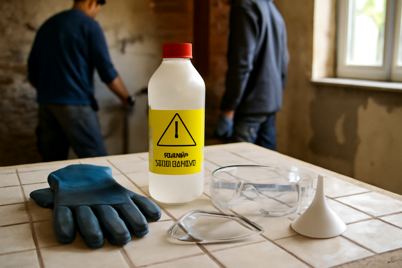 Bouteille d'acide chlorhydrique étiquetée, gants et lunettes sur un plan de travail en atelier, lumière naturelle