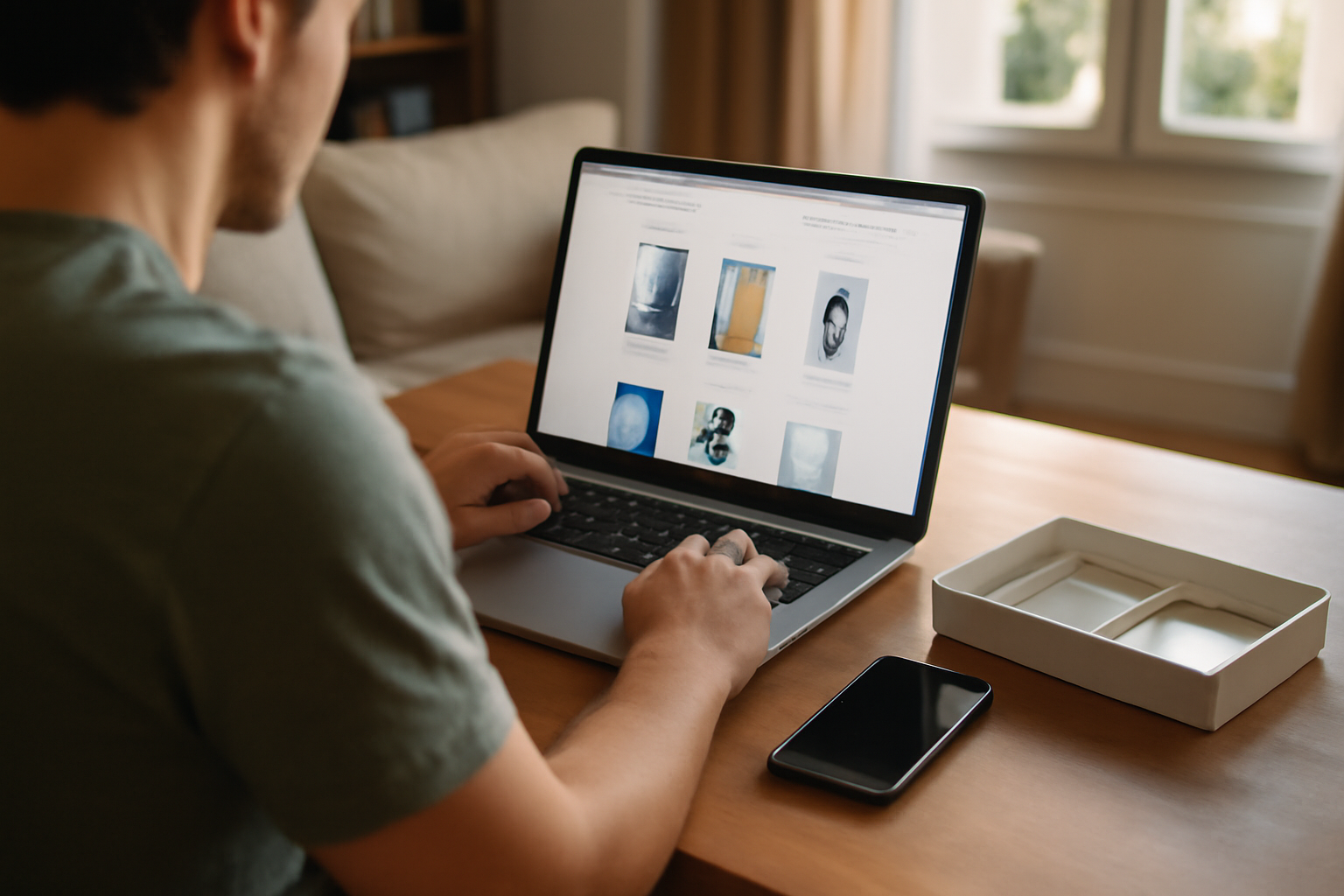 Accessoires Akashi pour smartphone et fiche produit en ligne sur un bureau
