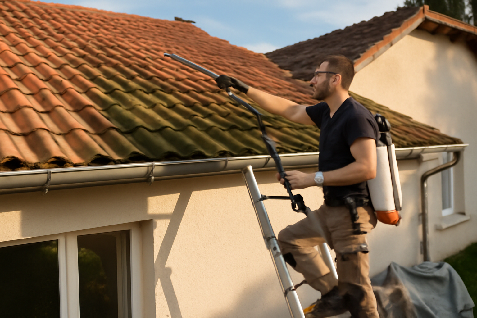 antimousse toiture sur toiture en tuiles, application au pulvérisateur par temps sec, chantier résidentiel
