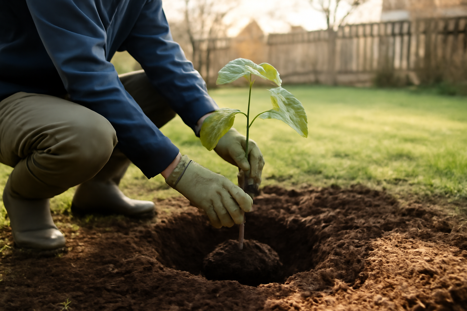 Arbre paulownia jeune planté dans un jardin français ensoleillé, sol bien drainé, personne portant des gants de jardinage