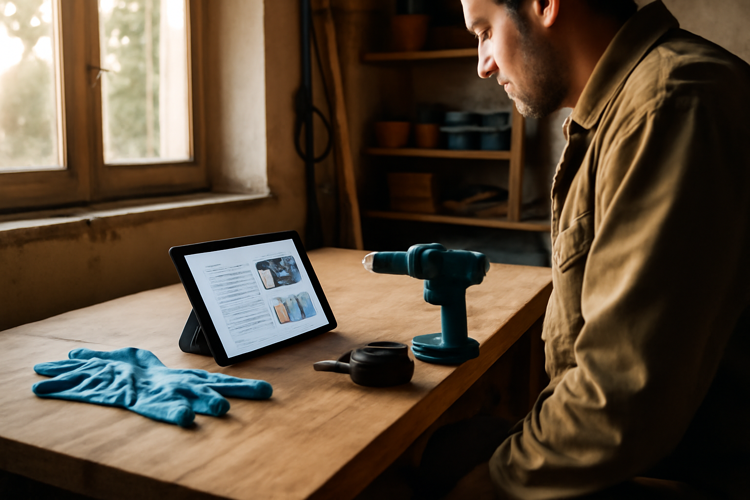 bricole-facilement.fr : personne en atelier lisant un guide de bricolage sur une tablette, outils au sol, lumière naturelle