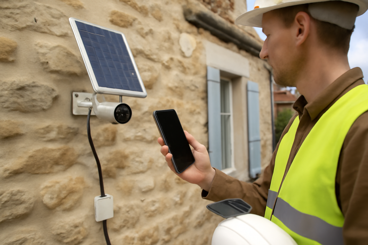 Caméra solaire 4G extérieur fixée sur une façade, panneau orienté vers le soleil, test de réception 4G avec un téléphone