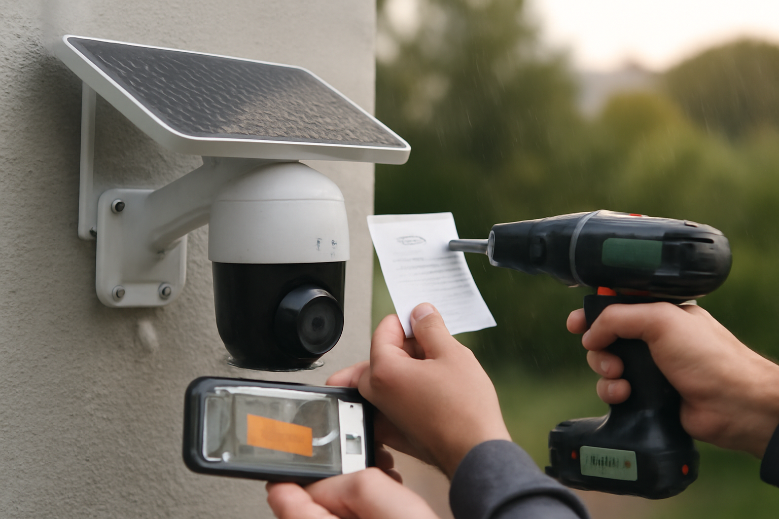 Installation d’une caméra solaire 4G extérieure : fixation sur mur, vérification de l’indice IP et réglage des zones de détection sur application