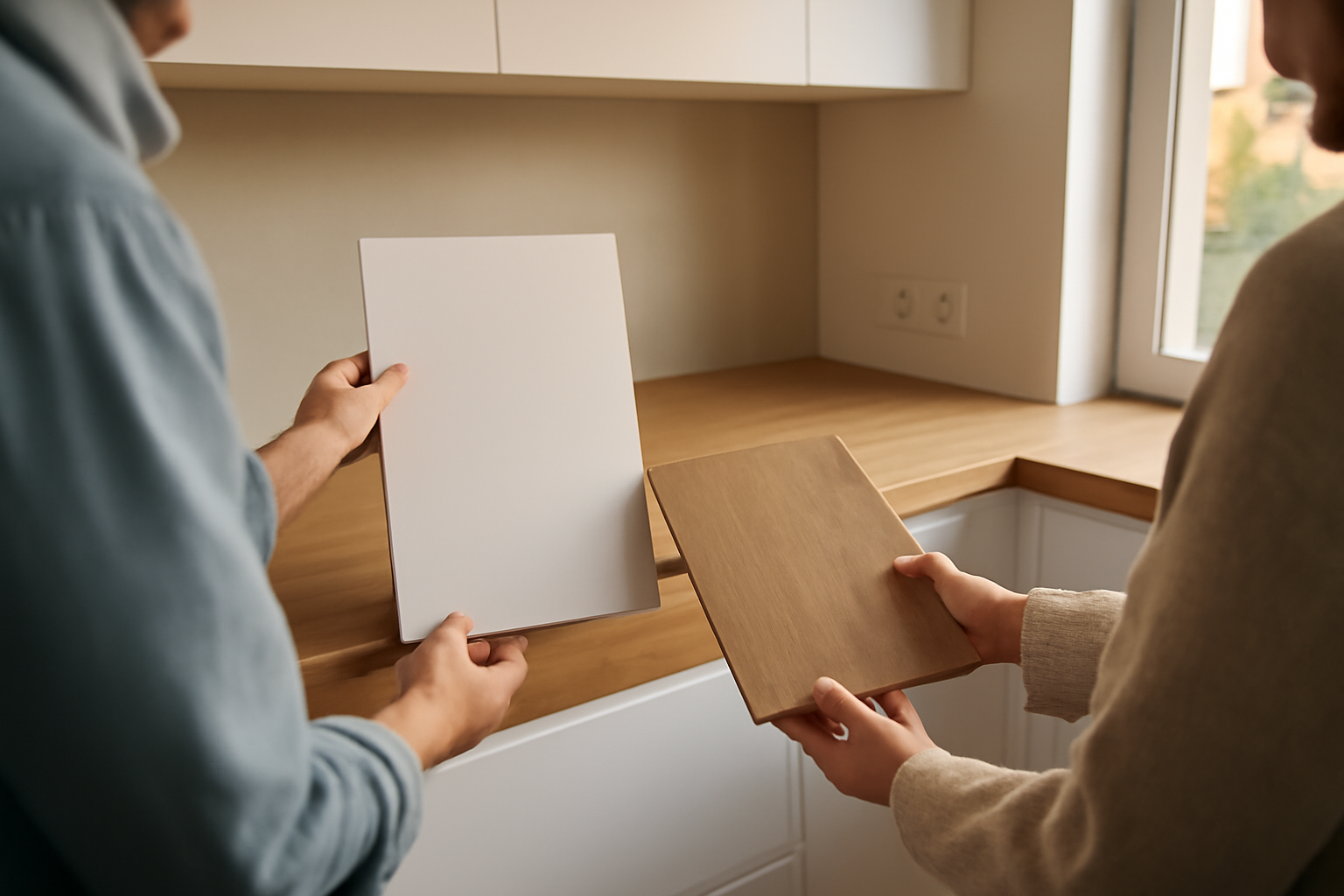 Cuisine blanche et bois : façades blanches mates, plan de travail en chêne clair et crédence lessivable, lumière naturelle