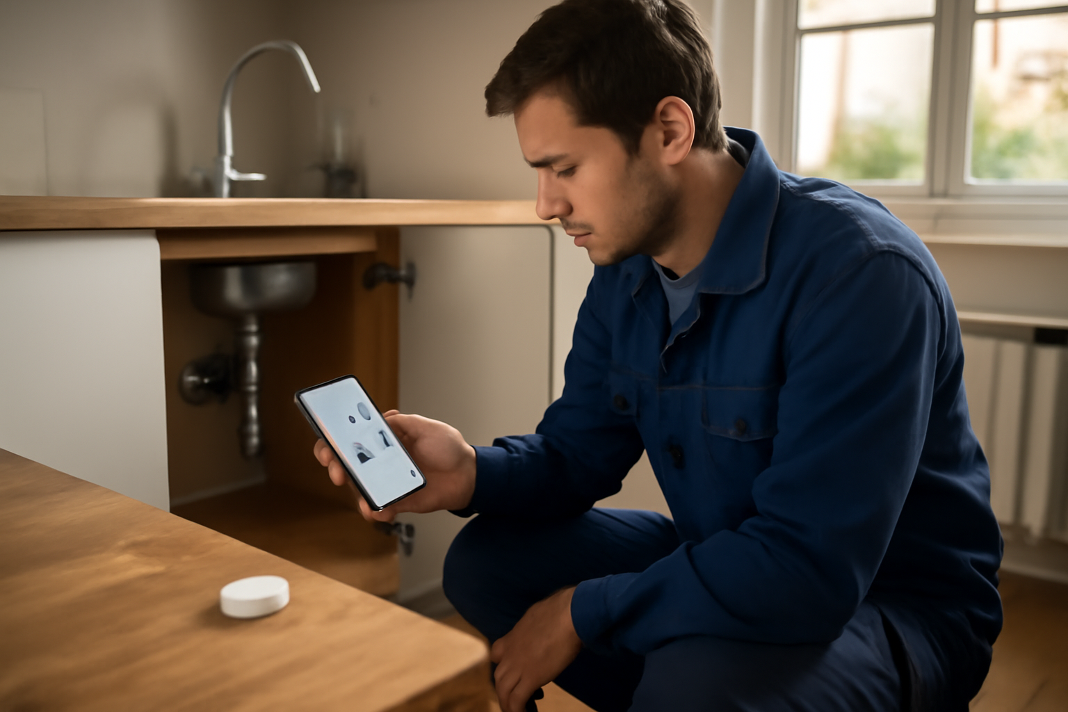 détecteur de fuite d’eau connecté prix affichage sur smartphone dans une cuisine française, lumière naturelle