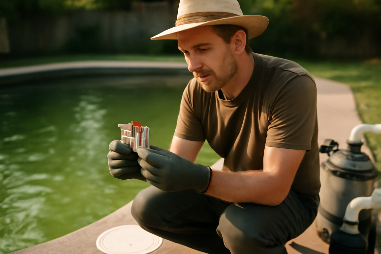 Eau de piscine verte avant traitement, vérification du pH et de la filtration sur un bassin résidentiel
