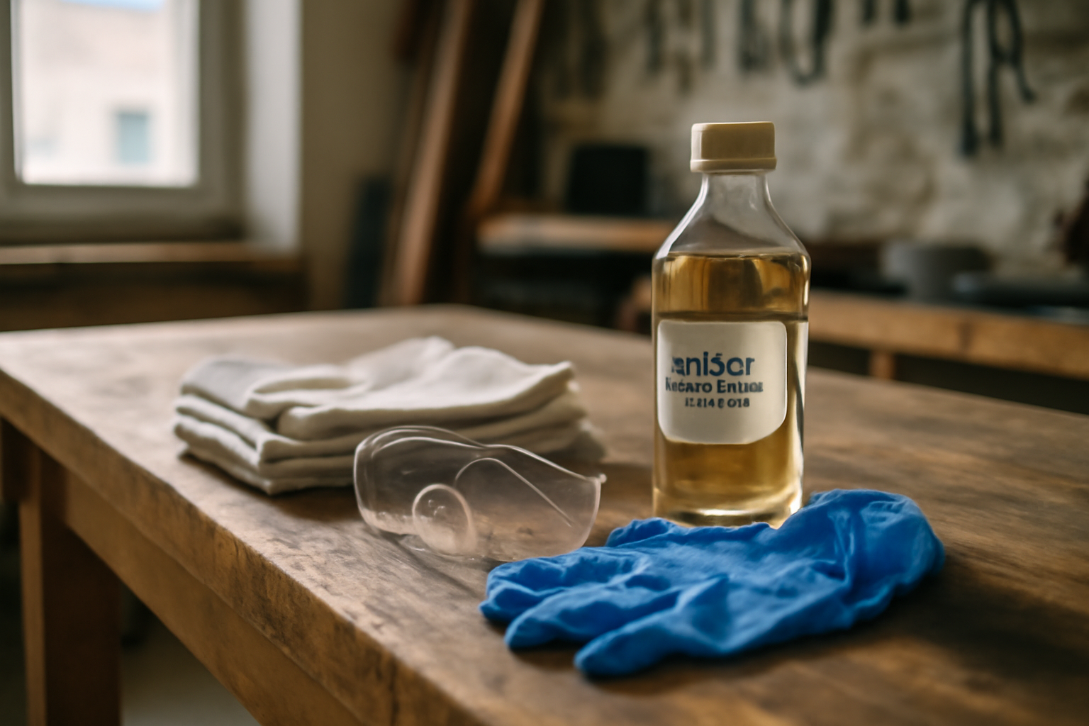 Essence de térébenthine dans un flacon en atelier, chiffons et lunettes de protection sur établi en lumière naturelle