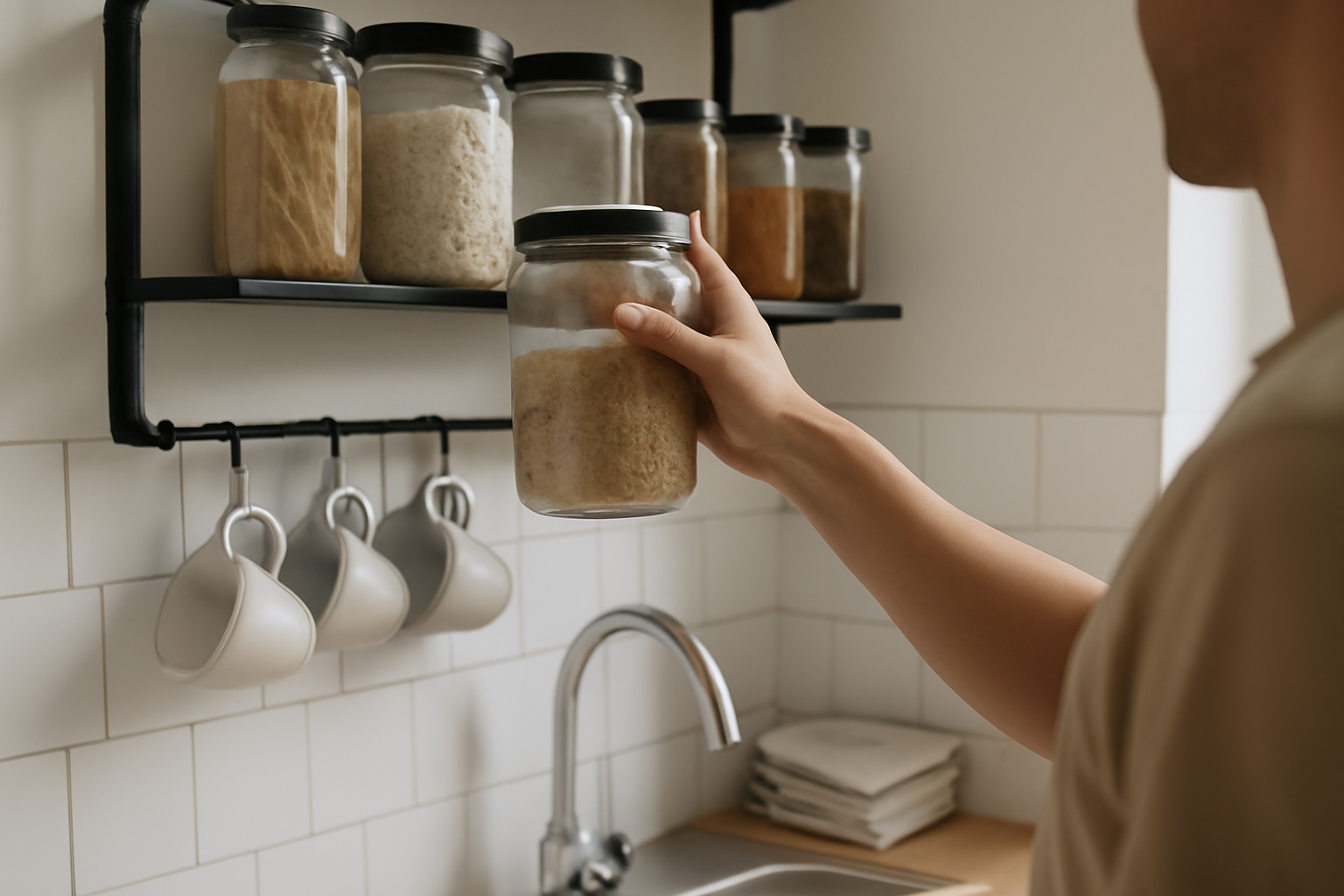 etagere cuisine murale avec bocaux et épices, lumière naturelle, scène photo réaliste