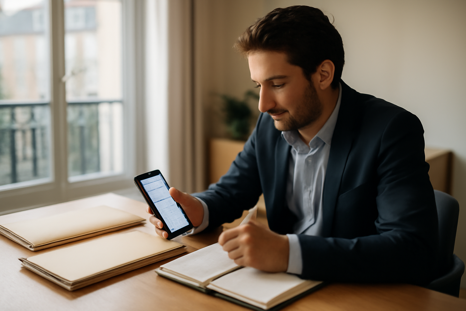 forum construire sur un bureau avec documents de chantier et téléphone en France