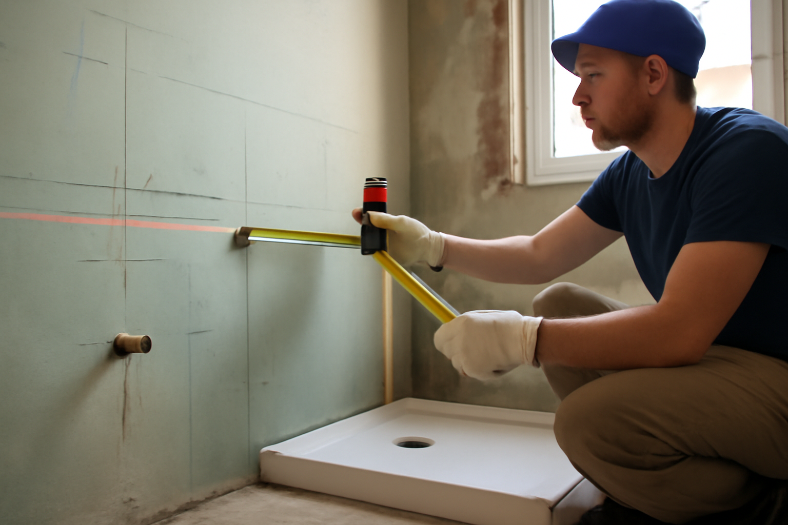 Hauteur mitigeur douche : repérage au mètre sur le mur avant fixation