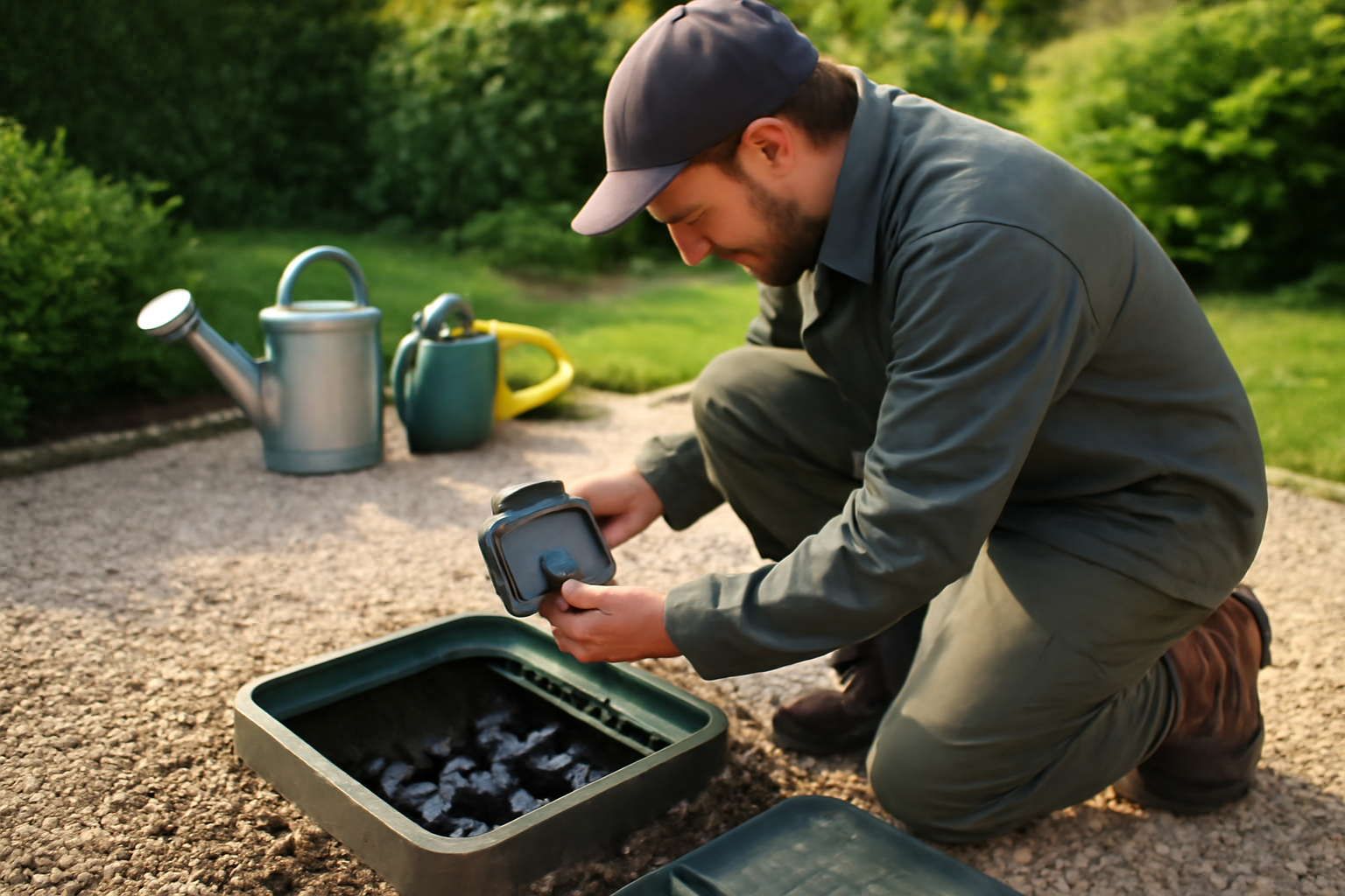 Installation Jardinic d’arrosage pour jardin avec vannes et programmateur, au pied d’une maison