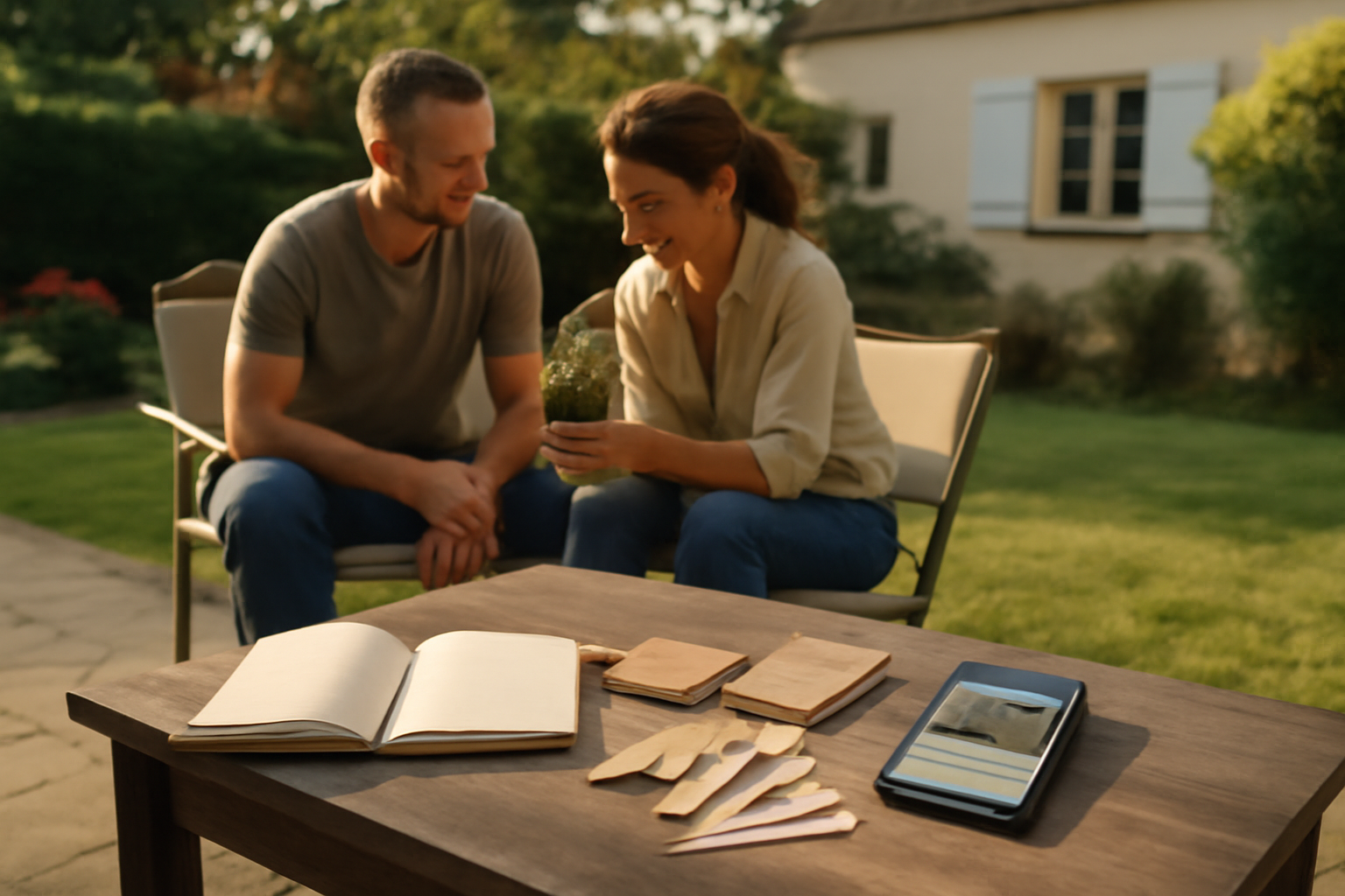 Jardipedia : personne avec carnet et fiches plantes au jardin, terrasse ensoleillée, préparation avant plantation