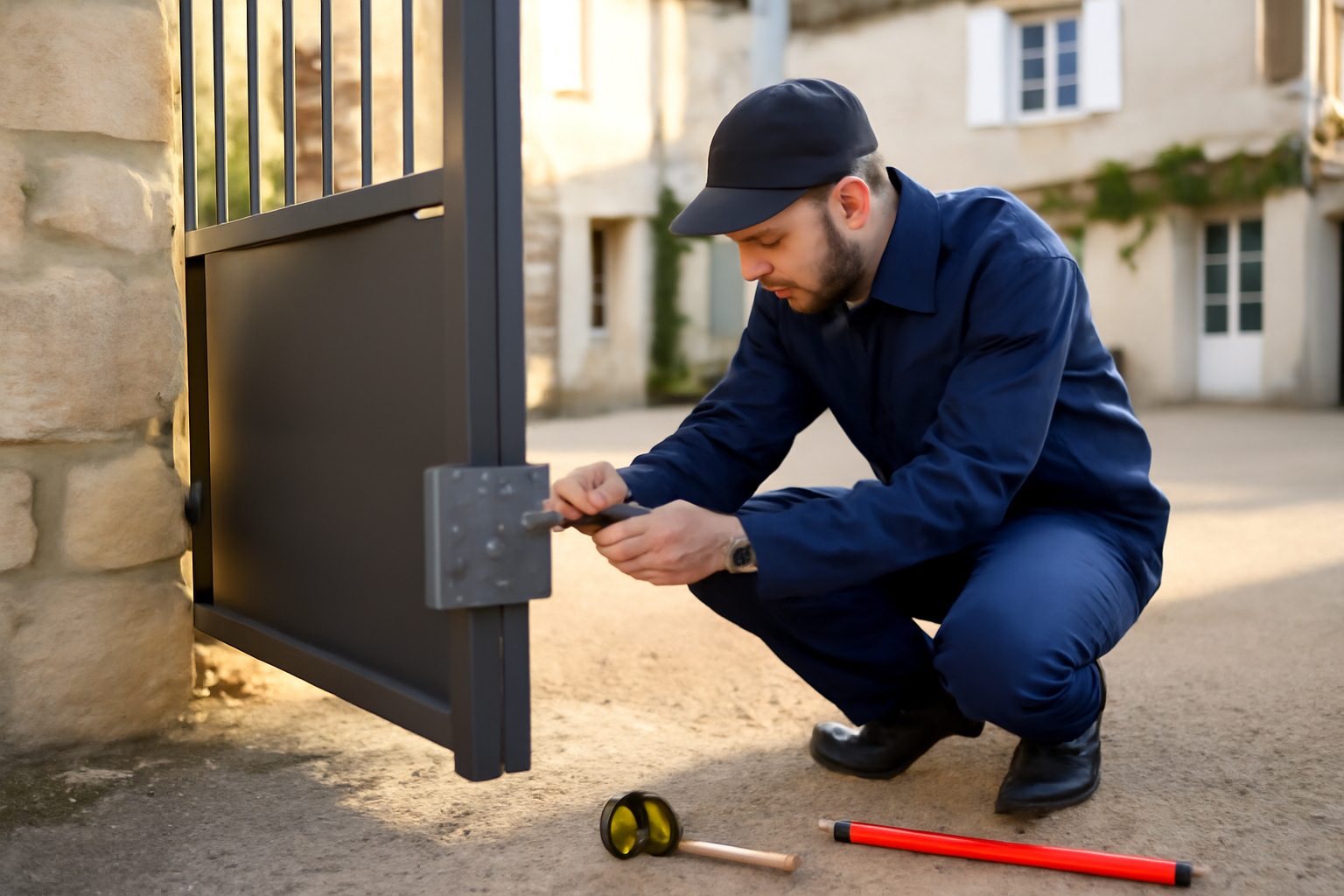 Motorisation de portail battant existant : technicien vérifiant les fixations sur les piliers et la course des vantaux