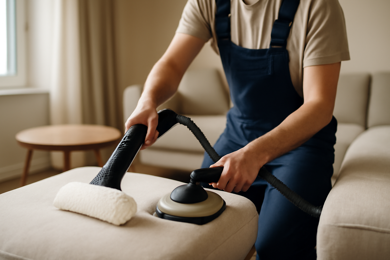 nettoyeur vapeur canapé portable avec embout microfibre sur salon, lumière naturelle